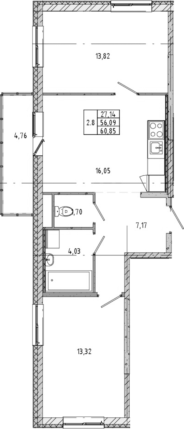 2-комнатная квартира 56.76 м², 17/17 эт., ЖК «Новые горизонты 2»